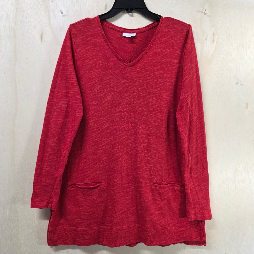 J. Jill Womens Red Slub Cotton V-Neck Long Sleeve Tunic Top with Pockets Size M